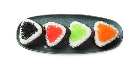 Tasty tobiko onigiri (Japanese rice balls) on white background, top view