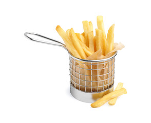 Delicious French fries in metal basket isolated on white