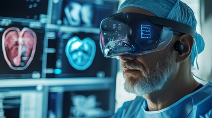 Doctor heart cardiologist specialist surgeon using computer anatomy display screen technology artificial intelligence assistance AI, operation simulation augmented reality medical healthcare tech
