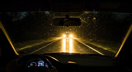 Driving Car at Night with Rain Reflecting Headlights on Windshield