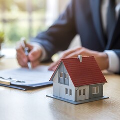 Concept of real estate investment and mortgage planning as professional signs property contract near house model, representing home buying decision and financial housing market analysis