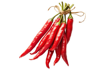 Fresh red chili peppers tied with string, isolated on a white transparent background. Spicy food and cooking ingredient concept