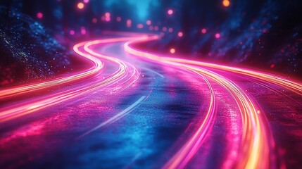 Glowing pink and blue light trails curve on dark road.