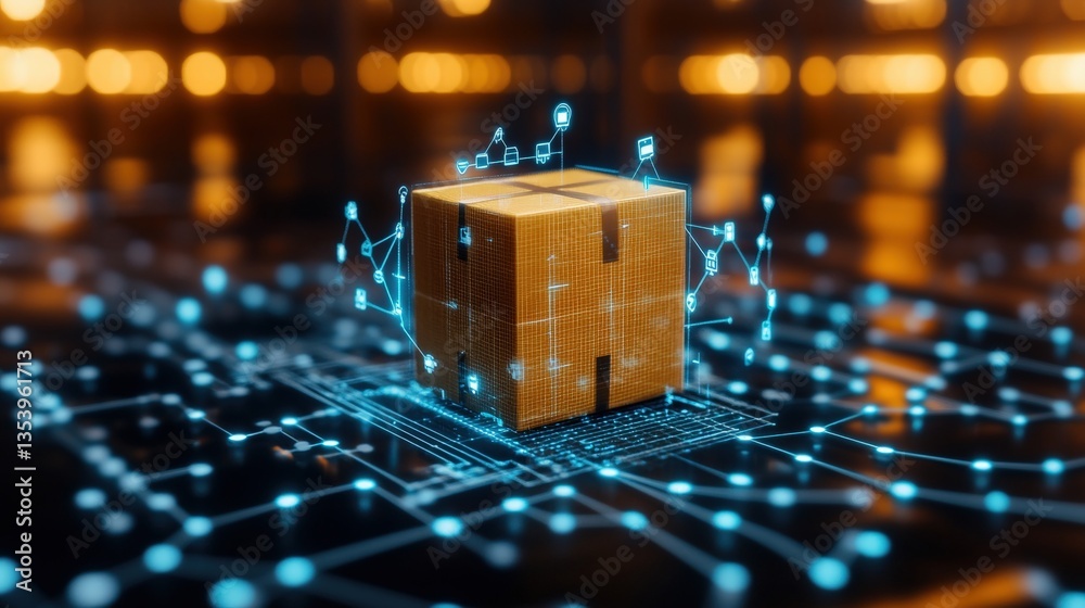 Poster a cardboard box positioned on a glowing circuit board, amidst a web of interconnected data points sy