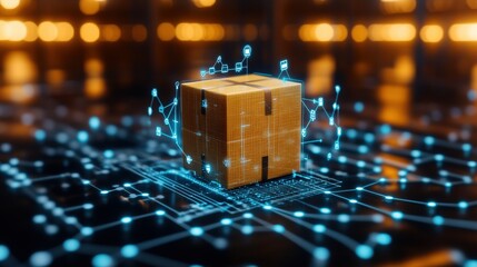 A cardboard box positioned on a glowing circuit board, amidst a web of interconnected data points symbolizing digital tracking and technology innovation