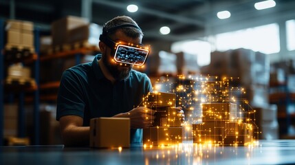 A man with a virtual reality headset in a warehouse analyzing a package with holographic inventory data displayed seamlessly integrated into the scene