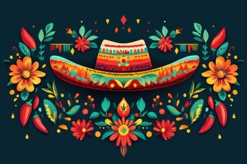Bold Cinco de mayo typography with vibrant colors and traditional Mexican motifs in symmetrical folk art design.