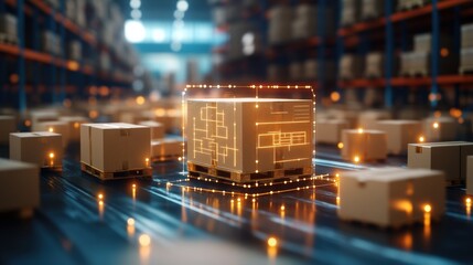 A digitally enhanced image of a pallet of cardboard boxes in a warehouse with glowing lines depicting advanced tracking and inventory management systems