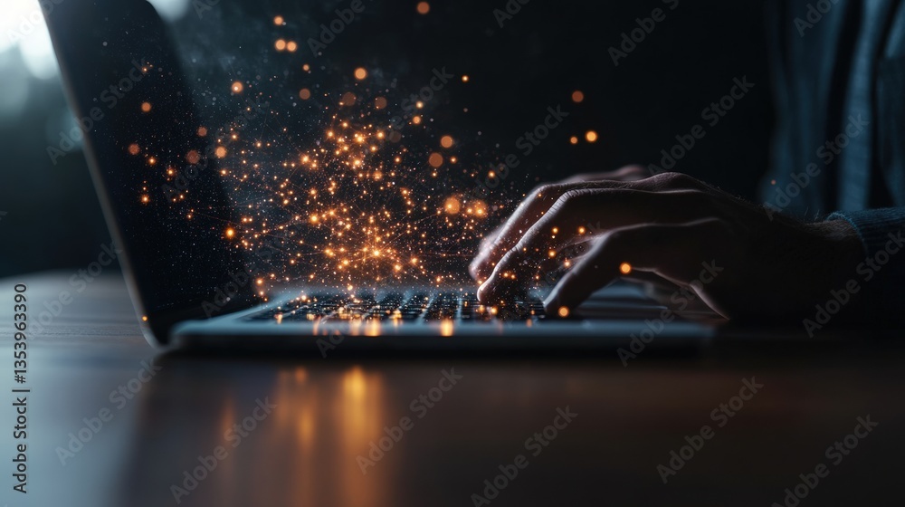 Poster close-up of hands actively typing on a laptop keyboard with sparkling golden particles emanating fro
