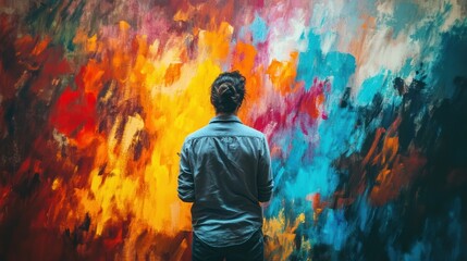Obraz premium A painter stands facing a vibrant mural wall, with their back turned toward the colorful scene. The artist's creative process is in motion as they work on the 