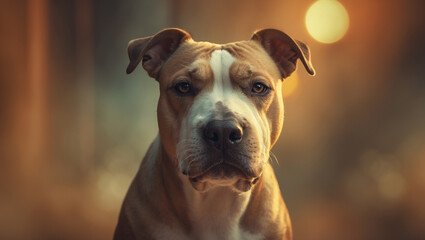 Obraz premium A stunning close-up portrait of a pitbull dog with warm golden bokeh lighting. Perfect for pet-related designs, advertising, and animal lovers