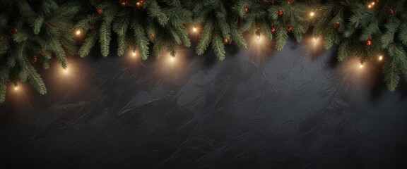 Dark shale background with fir branches in festive lighting, fairy lights, christmas decoration