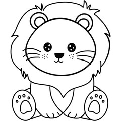 Vector illustration of cute cartoon lion standing and looking happy black and white drawing For children to learn to color according to the picture.