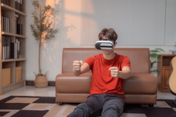 Teenager enjoying an exciting racing simulator game while wearing a VR headset, fully immersed in a captivating virtual reality experience from the comfort of home