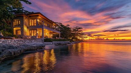 Obraz premium Seaside Caribbean villa glows warmly at sunset with ocean reflections