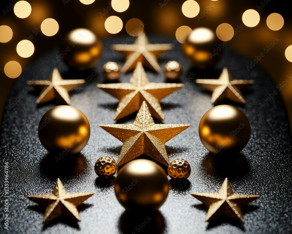 Poster golden stars and baubles arranged on dark surface, illuminated by warm bokeh, creating festive, eleg