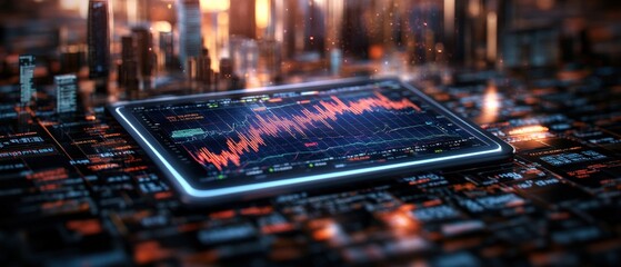 A tablet showcasing a dynamic stock market graph on a data-filled surface with a blurred cityscape background representing financial analysis and investment trends
