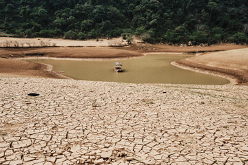 Cao Bang's Angel Eye mountain showcases dried riverbed and boat in Vietnam during dry season