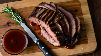 Smoked Brisket on Wooden Cutting Board with BBQ Sauce and Rosemary

