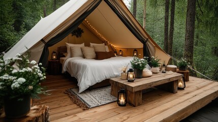 A white tent with a bed and a table outside