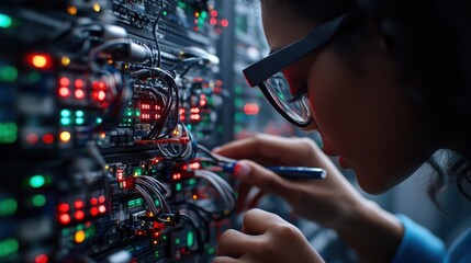 Focused female technician with glasses works on complex network server carefully maneuve wires and tools amidst dense array of blinking lights