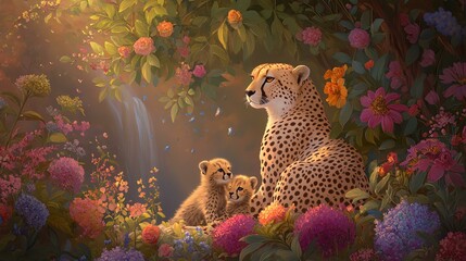 A serene scene featuring a mother leopard and her two playful cubs surrounded by vibrant flowers and a gentle waterfall, capturing the beauty of wildlife in nature.
