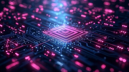 Obraz premium Abstract digital circuit board with glowing neon lights and intricate patterns representing advanced technology concepts