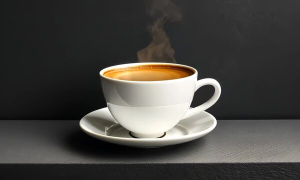Aromatic coffee break with steam rising from a white cup on a dark background