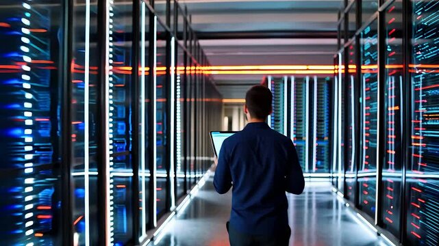 inside a futuristic data center, showcasing an IT technician walking confidently through a corridor lined with towering server racks