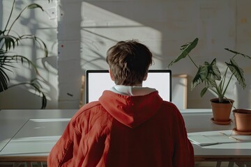 Vibrant Picture of Over Shoulder View Young Man Using Computer Laptop on White Table