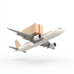 A white airplane is flying in the sky above a cardboard box