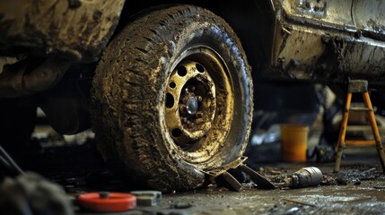 car automobile mechanic working on repairing the wheel tire of vehicle, taking car in for service workshop for male car mechanic fixing problems replacing broken parts of using tools and equipment
