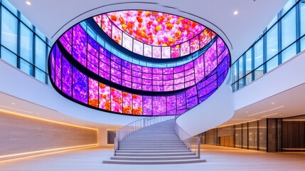 Fototapeta premium Vibrant modern atrium with colorful digital displays, spacious design highlighting contemporary architecture and innovation.