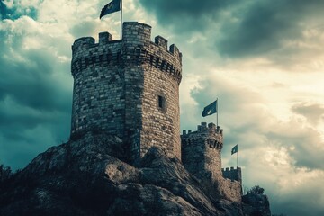 A medieval castle with a flag flying high, ideal for use in historical or fantasy contexts