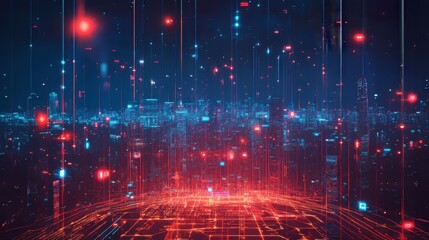 Fototapeta premium Futuristic smart city structure in space abstract red blue background concept, internet of things wireless network connection communication computer information system service modern future technology