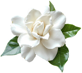 Obraz premium Elegant white blossom with vibrant green leaves.