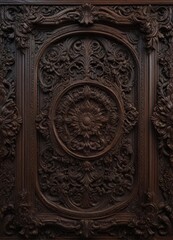 Obraz premium Dark wood panel with intricate carvings and ornate details , rustic, mysterious