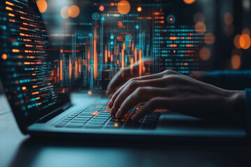 Business Professional Typing on Laptop with Floating AI Data Graphs