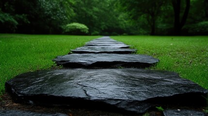 Wet stone path through a lush green garden