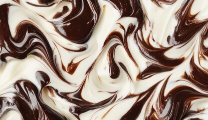Swirling chocolate and cream mixture.  A close-up view of a swirled chocolate and cream mixture, showing the contrasting colors and patterns. The texture is smooth and glossy