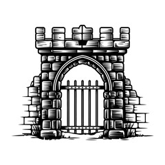 medieval gate stone black and white outline white background vector