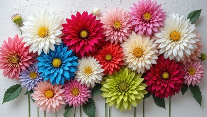 Vibrant Arrangement of Colorful Dahlias in Varying Shades on a Neutral Background