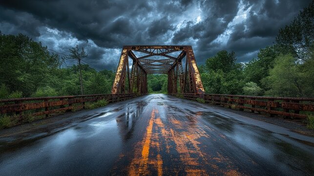 Rusty bridge on a wet road under a stormy sky