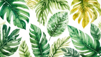 Vibrant Watercolor Illustration of Tropical Leaves in Various Shades of Green and Yellow