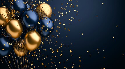 Navy Blue and Gold Balloons with Golden Confetti on Dark Background Celebration
