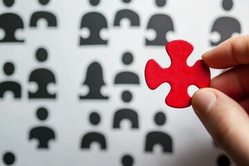 Hand holding red puzzle piece above black silhouettes, representing recruitment.