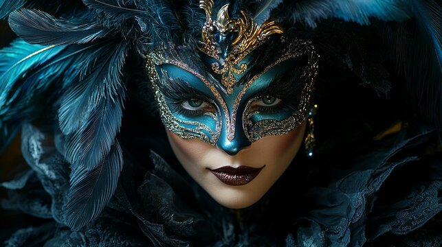 Woman in elegant teal masquerade mask with feathers.