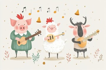 Fototapeta premium Earthy Brown Green Cream Farm Animal Band with Pig Rooster Sheep Cow Illustration, Vector, Watercolor