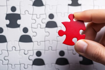 Hand holding red puzzle piece above a puzzle of people.