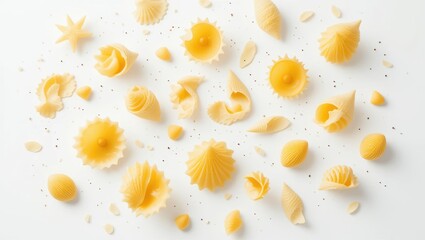 Assorted Shapes of Raw Pasta on White Background Creating a Culinary Artwork Display